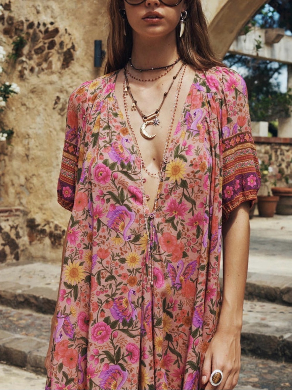 Spell Pink Floral Deep V Boho Tunic